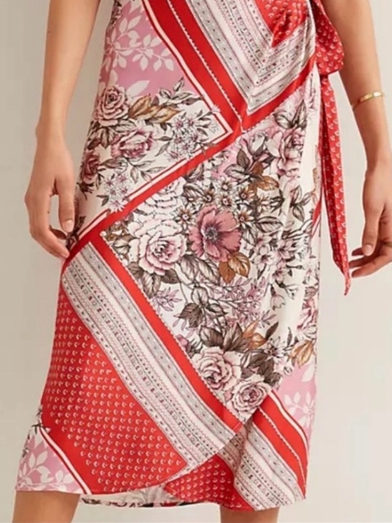 Anthropologie Dresses & Skirts - Anthropologie Pink and Red Floral Patchwork Wrap Midi Skirt Size: Medium (NWT)